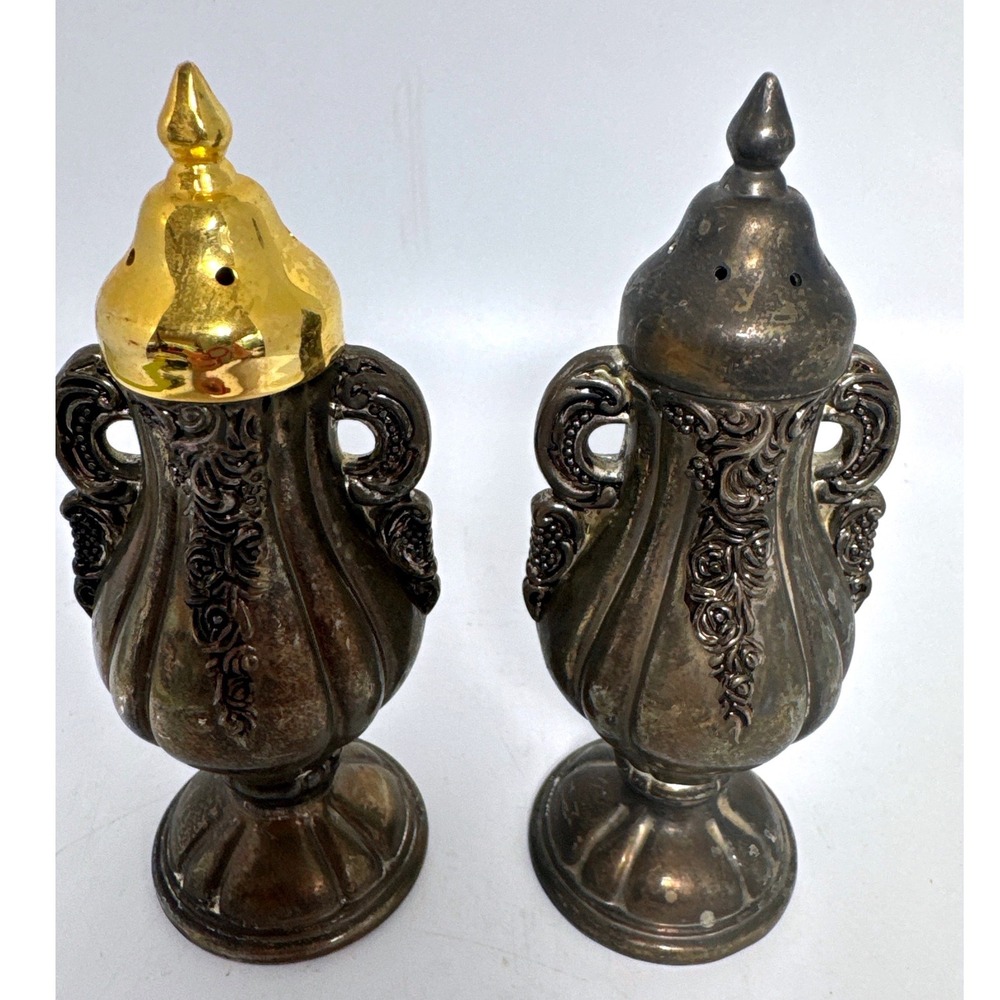 GSA Vintage Ornate Silver Plated Salt and Pepper Shakers Urn Style Silver Gold